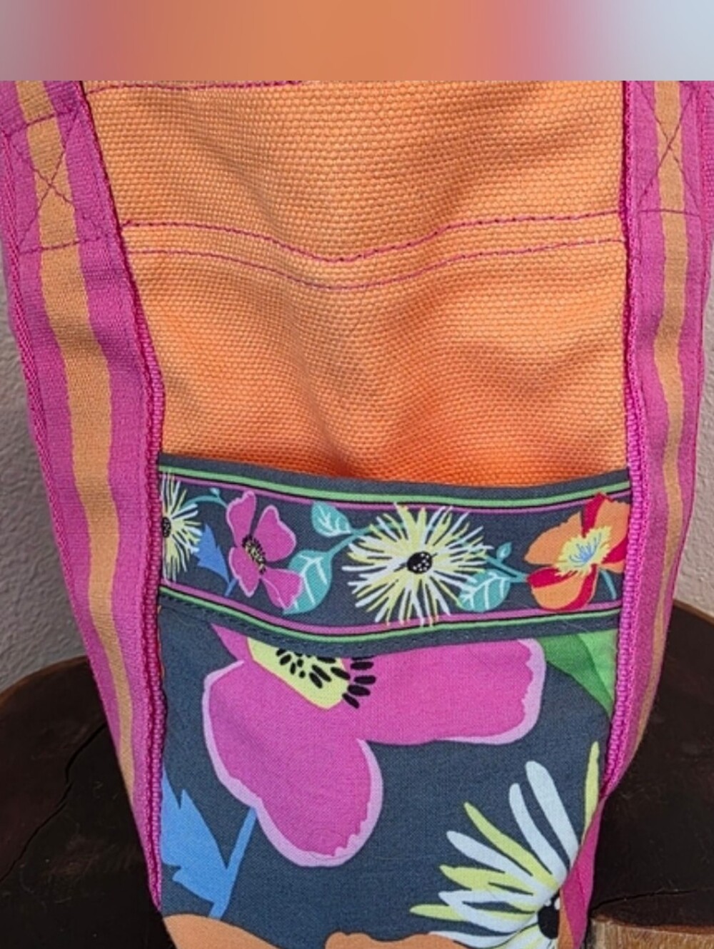 Vera Bradley Hot Pink & Orange Canvas Tote with Floral Trim NWT - Picture 8 of 16